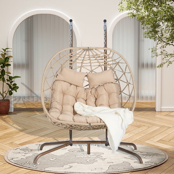 AOOWOW Double Egg Chair with Stand Hanging Indoor Outdoor Wicker Rattan Patio Basket Egg Swing Chair Hammock Egg Chairs with UV Resistant Cushions 600 lbs for Bedroom Balcony Patio