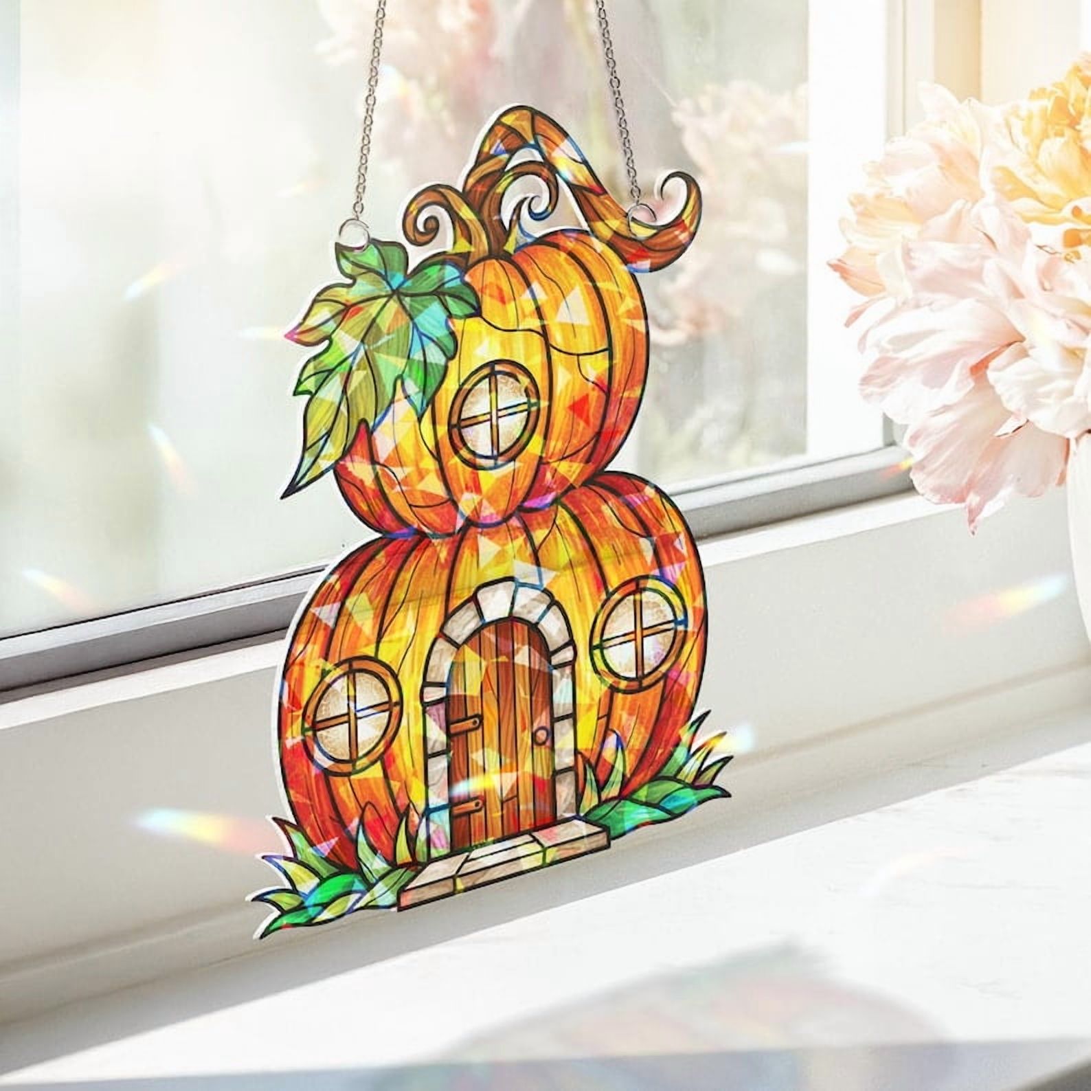 ViciArt Hologram Acrylic Pumpkin House Window Hanging – Fall Halloween Decor, Autumn Window Ornament