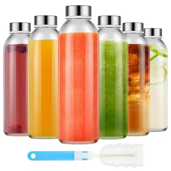 wintfarm 6pcs Glass Water Bottle,500mL Smoothie Bottle,Leak Proof Juice Bottles,Glass Bottles,water Bottle Glass with Lids,Juice Container for Fridge,Glass Drinking Bottle for Hot Cold Drinks,Work