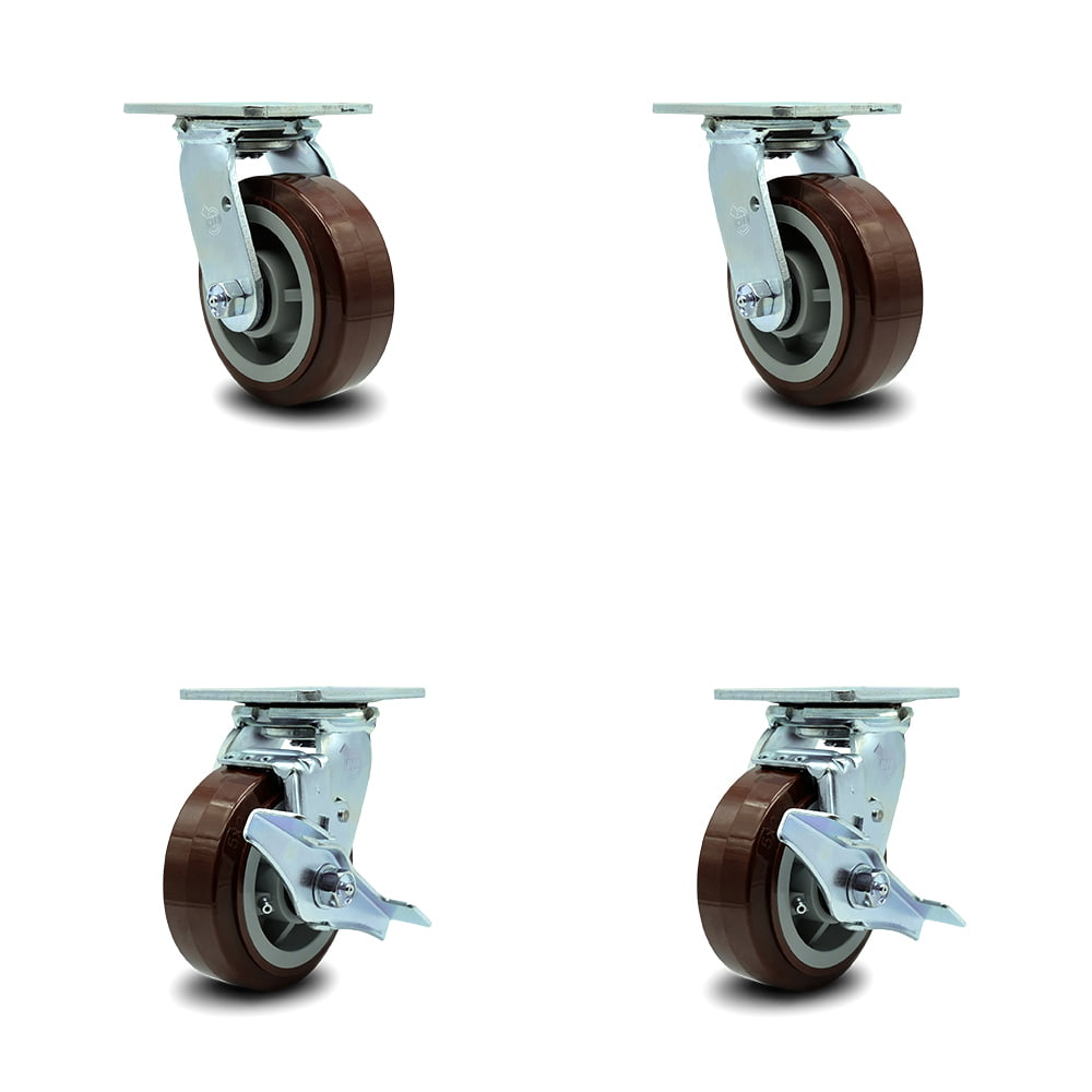 Casters 5" Heavy Duty Cast Iron Hub Core Poly Wheel Non Skid 2 Brakes 2 Rigid 