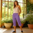 thumbnail image 4 of TQWQT Linen Capri Pants for Women Drawstring Palazzo Trousers Wide Leg Elastic Waist Trendy Summer Ladies Lounge Pants Dressy Casual Drawstring Capris with Pockets Purple L, 4 of 9