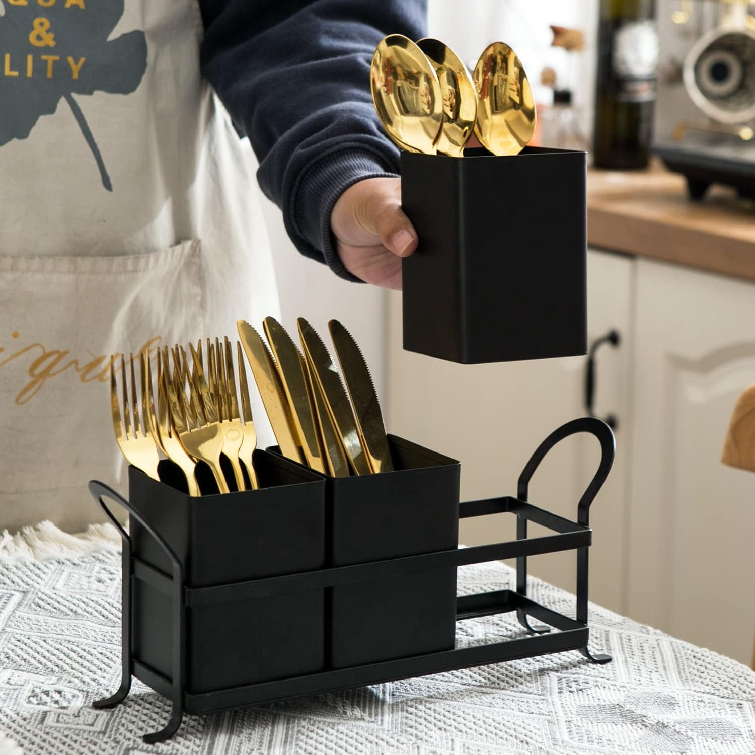 Metal Silverware Caddy,3 Compartment Utensil Holder With Metal Rack,Utensil Caddy Flatware Cutlery Organizer for Countertop Party Picnic Camping Outdoor Pink