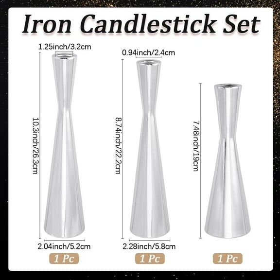 3Pcs 3 Size Silver Taper Candlestick Holders Metal Candle Stick Stand Decorative Centerpiece with Flat Round for Table Anniversary Wedding Party Dinning Table Centerpiece