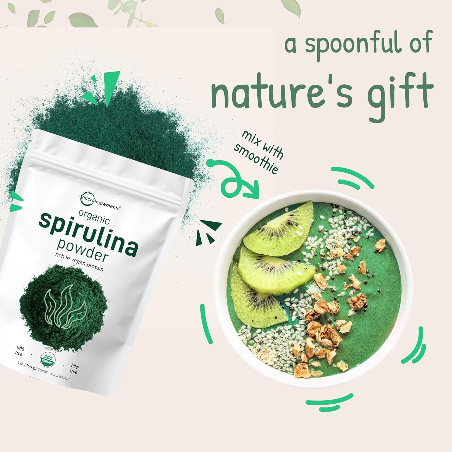 Micro Ingredients Organic Spirulina Powder, 1lb (16oz) | Green Superfood Powder, Rich in Vegan Protein, Vitamins & Minerals