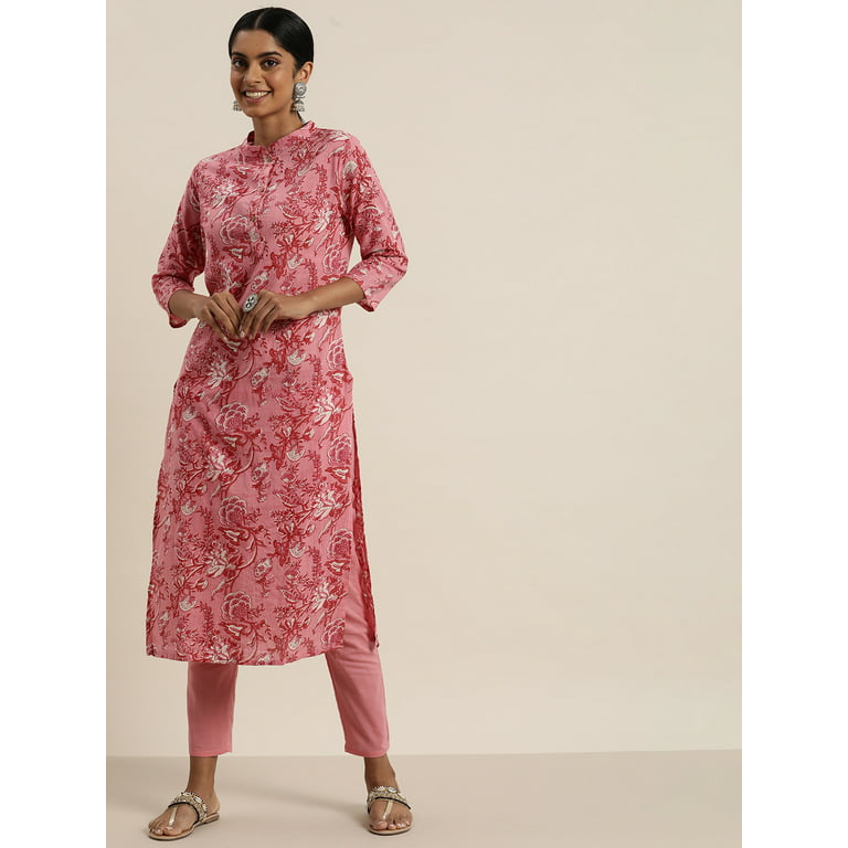 Sangria - By Myntra Kurta Set For Women Party Wear Band Collar Pink White Floral  Printed Pure Cotton Calf Length Regular Kurta with Trousers Women Indian  Kurta 