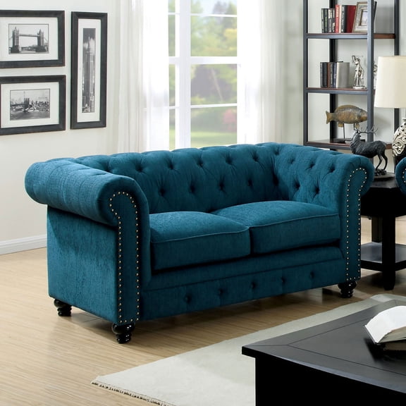 Newboti Furniture Contemporary Dark Teal Color 1pc Loveseat Button Tufted Couch Rolled Arms Nailhead Trim Leatherette BN.6817