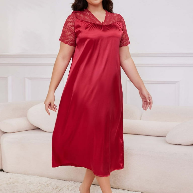 Women's Satin Nightgown, Plus Size Solid Color Lace Neckline Short Sleeve  Lace Nightdress Sleepwear Cotton Pajama Dress Women Wine XL - Walmart.com
