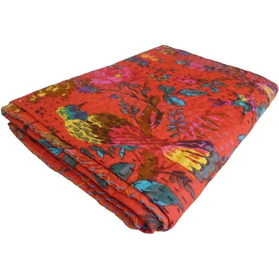 Handwoven Flowar Print Kantha Quilt,Quilted Bedspread , Traditional Look Gudri ,Blanket Size ( Single 60" x 90" )