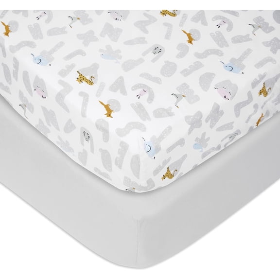 aden   anais Essentials, Cotton Poplin Crib Sheets , Alphabet Animals, Unisex, Infants, 2-pack