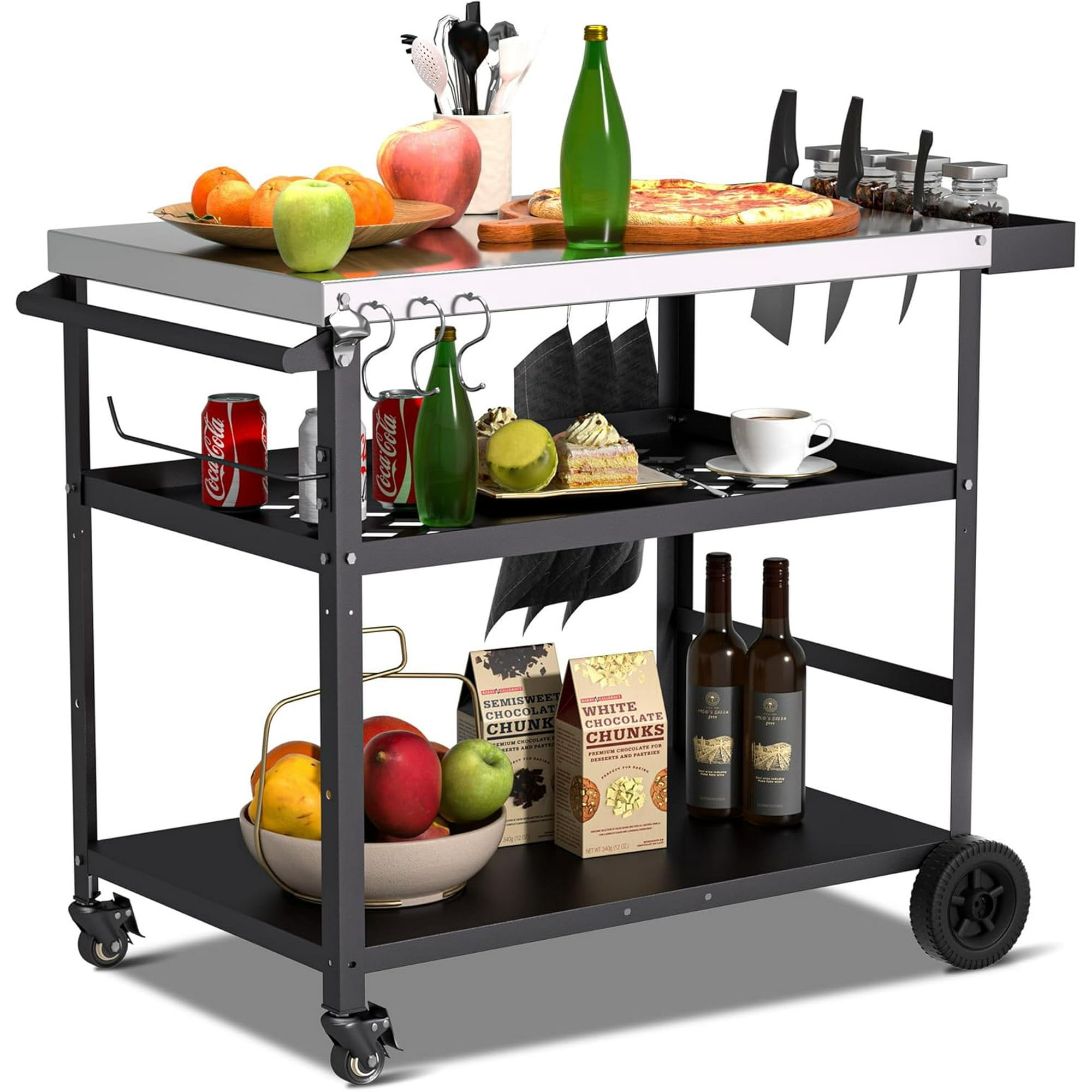 Outdoor Grill Cart, Pizza Oven Stand Table with Wheels Dining Cart for Outside Patio, Movable Kitchen Cooking Prep Table BBQ Cart with Mesh Racks for Home Party, Bar, Camping
