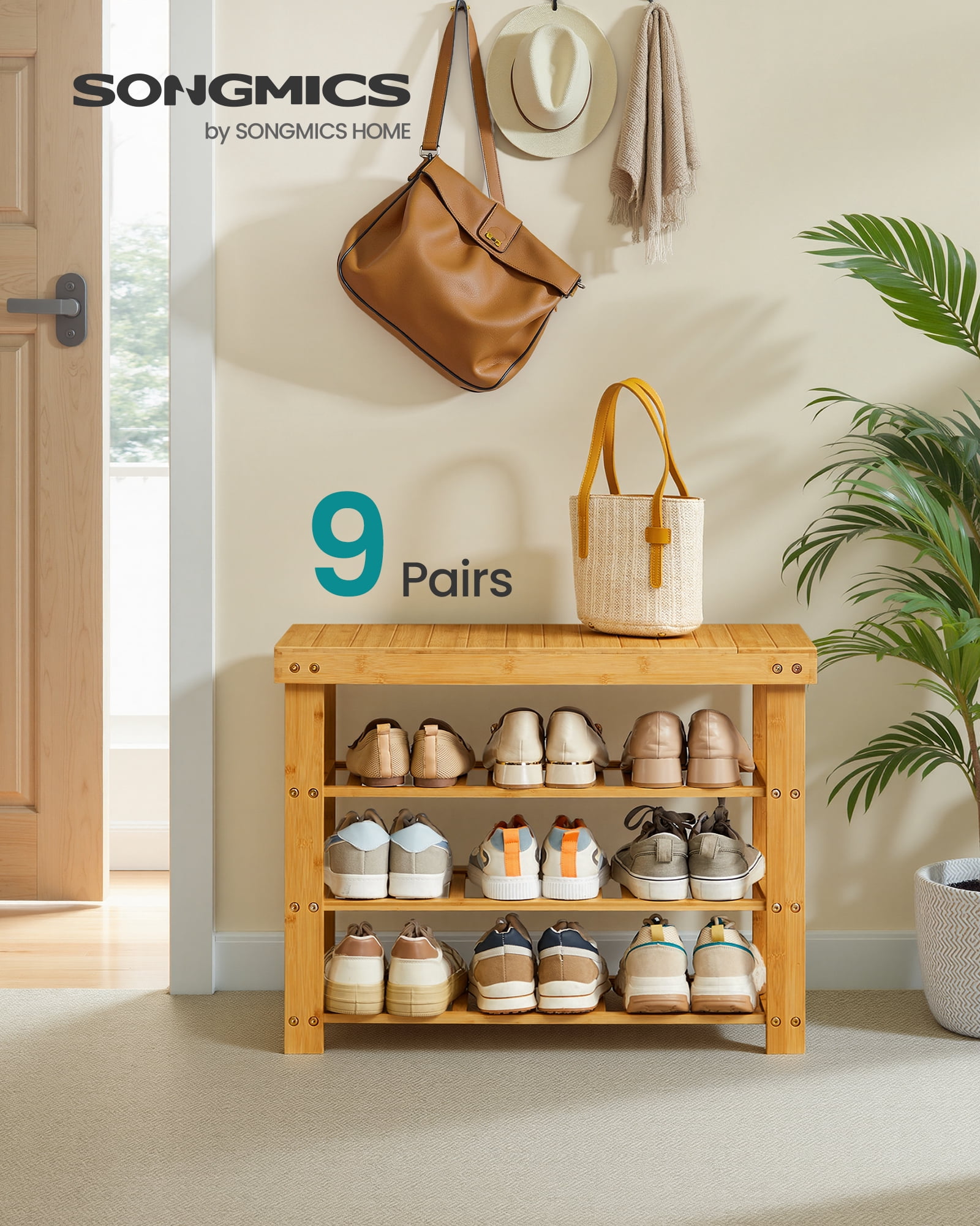 SONGMICS Shoe Rack Bench, 3 Tier Bamboo Shoe Storage Organizer, Entryway Bench, for Living Room, Bathroom, Bedroom, 11.3 x 27.6 x 20.5 Inches, Light Bamboo