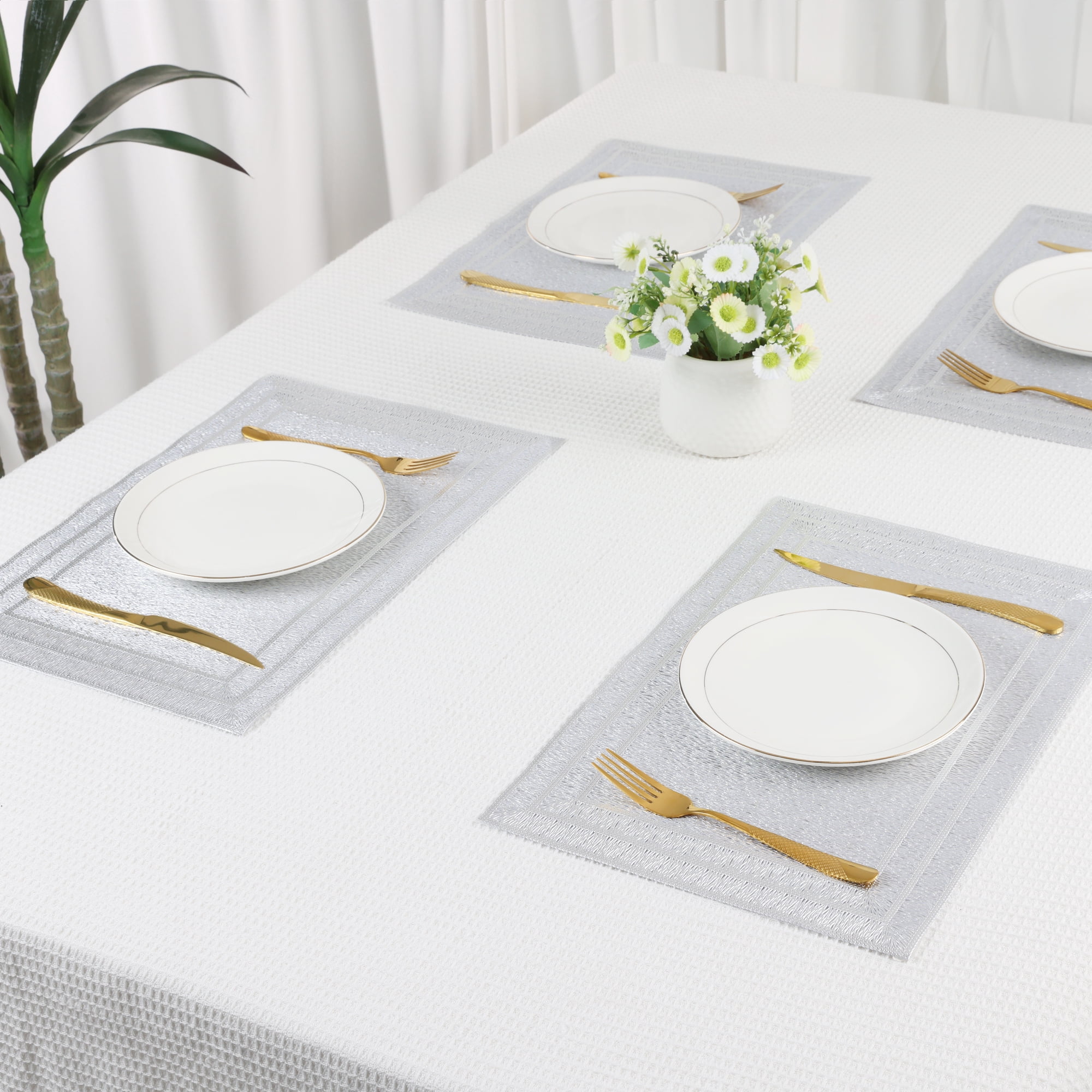 Unique Bargains Washable Placemats Set of 6 Trimmed Placemats for Dining Table Silver