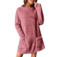 thumbnail image 2 of Elvqul Womens Dresses Pink with Pockets Fleece Dress Casual Solid Color Crew Neck Leisure Midi Dresses for Women Long Sleeve, 2 of 6