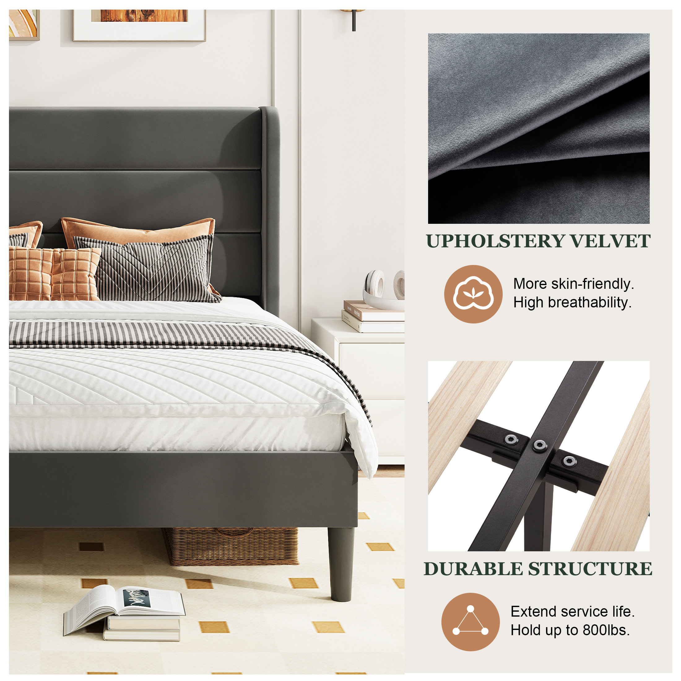 Amolife Full Size Platform Bed Frame with Velvet Upholstered Wingback Headboard, No Box Spring Needed, Light Gray