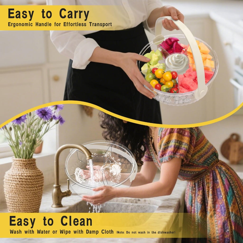 Clear Acrylic Food Storage Container With Ice Compartment 5 Sections For Cold Cut Appetizers Freshness Produce Display