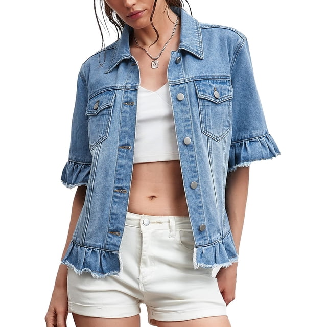 Chaqueta vaquera Kedera para mujer, manga corta, dobladillo con volantes, azul