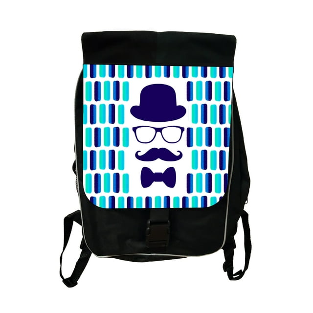 Hipster Elements on Geometric Blue Pattern - Black School Backpack & Pencil Bag
