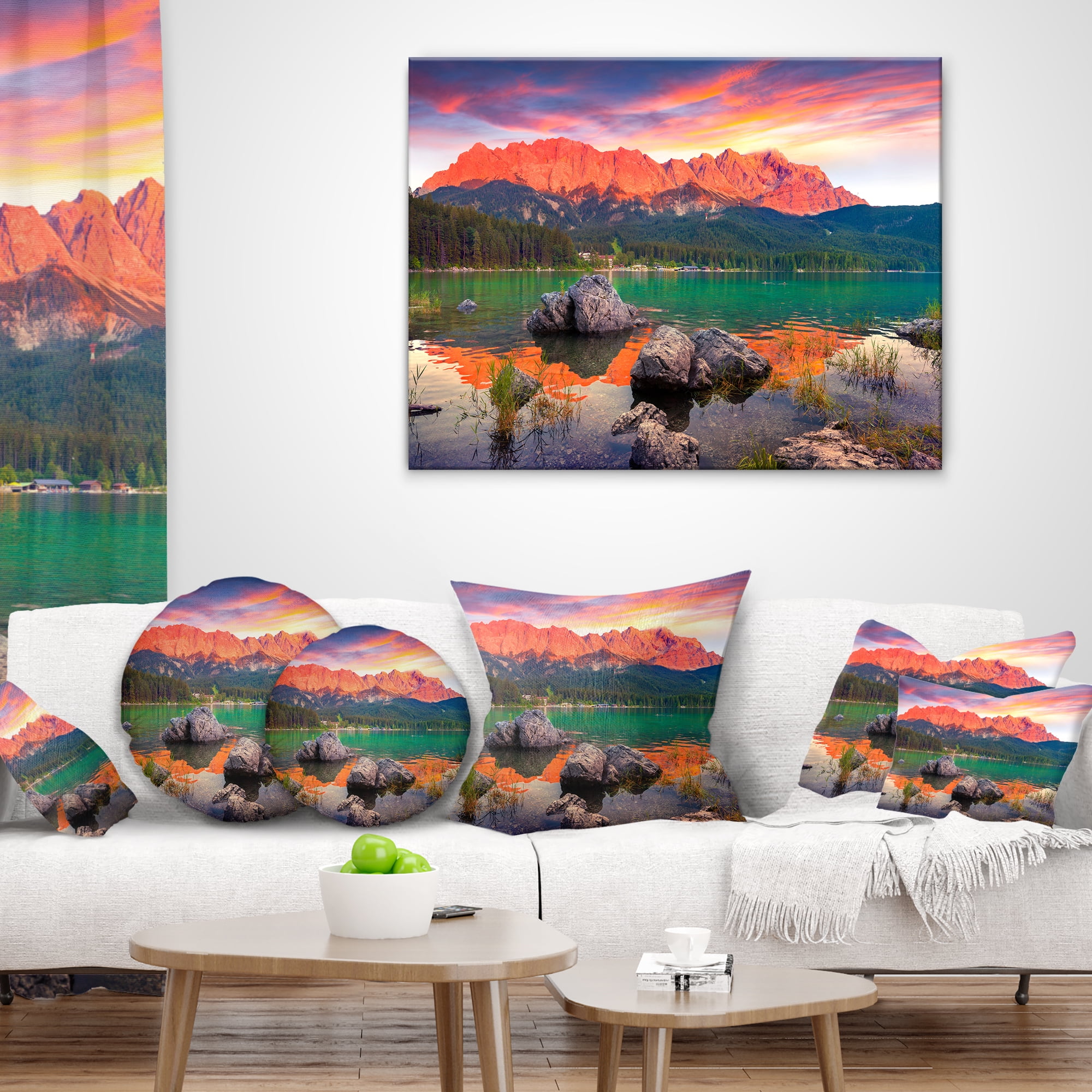 Designart Colorful Eibsee Lake Sunset - Landscape Photo Throw Pillow - 12x20