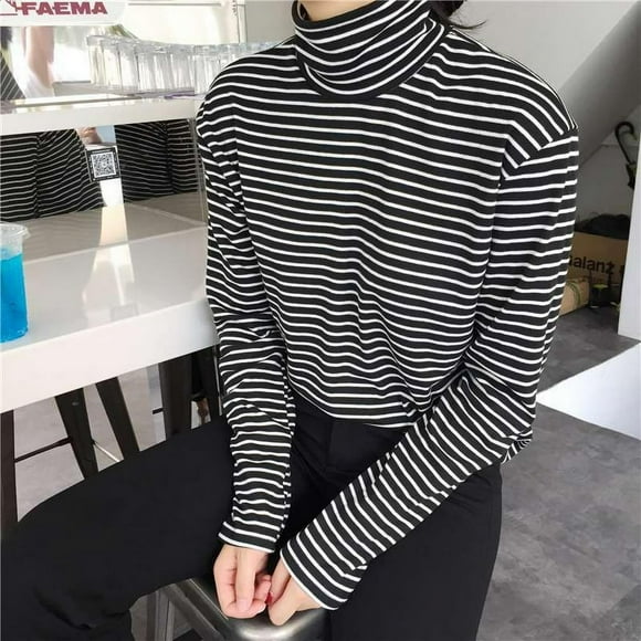 Black White Striped Female T-shirt ummer Turtleneck T Shirt Long Sleeve Soft T-shirt Loose Casual Tees Black L