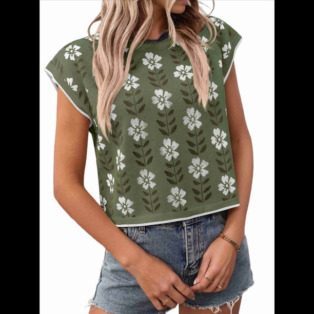 Suéteres de Punto con Cuello Redondo y Mangas para Mujer, Informales, Estampados, de Verano, Color Verde, Talla XL