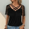 thumbnail image 2 of Olyvenn Women's T-Shirt Lace Short Sleeve Criss Cross V-Neck Tops 2025 Summer Lace Patchwork Trendy Casual Comfy Tshirts Black L, 2 of 7