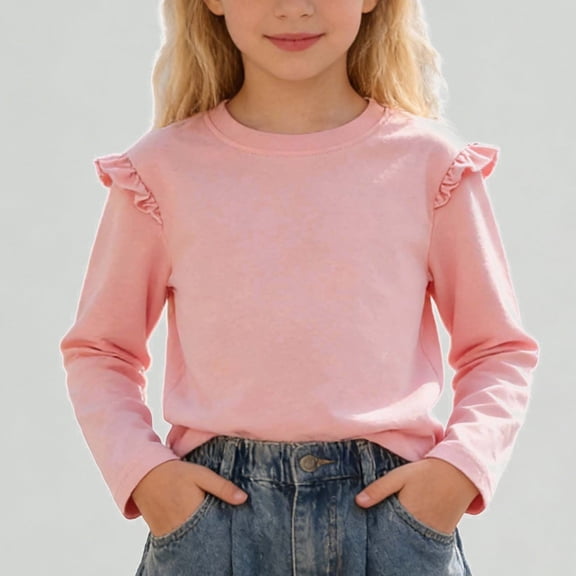 Xijirk Girls Shirts Ruffle Shoulder Long Sleeve Tee Casual Round Neck Blouse Top,6-7 Years