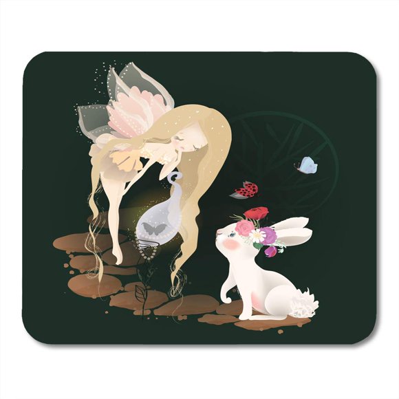 POGLIP Angel Cute Fairy with Little White Bunny with Floral Flowers Wreath Bouquet and Butterflies Mousepad Mouse Pad Mouse Mat 9x10 inch