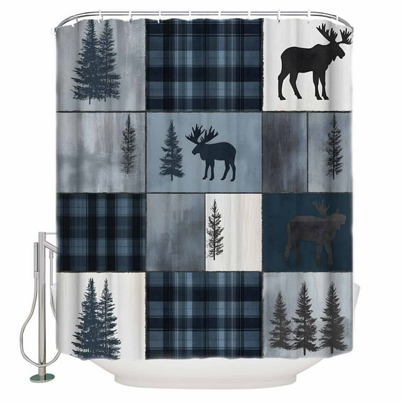 Bear Moose Shower Curtain, 48" x 72", Blue Retro Forest Wild Animal Buffalo Plaid Patchwork Waterproof Bathroom Curtain Washable Shower Curtain Set with 12 Hooks