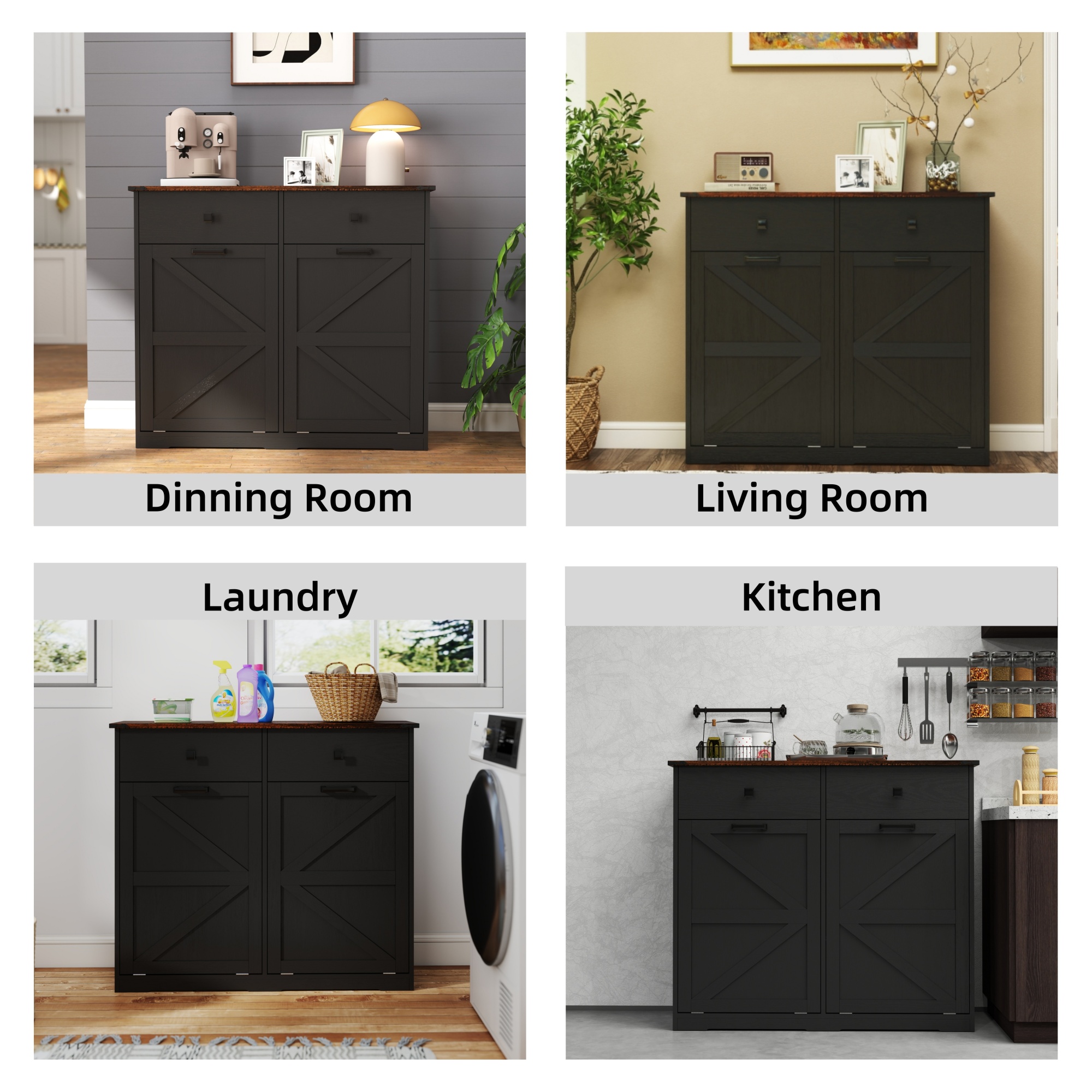 Leumius 20 Gallon Farmhouse Double Tilt Out Trash Cabinet, Free Standing Recycling Cabinet with Hideaway Drawer, Barn Door Style Laundry Sorter Cabinet, Tilt Out Trash Cabinet for Kitchen Black