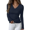 thumbnail image 2 of Women Long Sleeve Cable Knit Sweater Fall Fashion V Neck Fitted Pullover Business Casual Fall Outfits Navy Blue L, 2 of 9