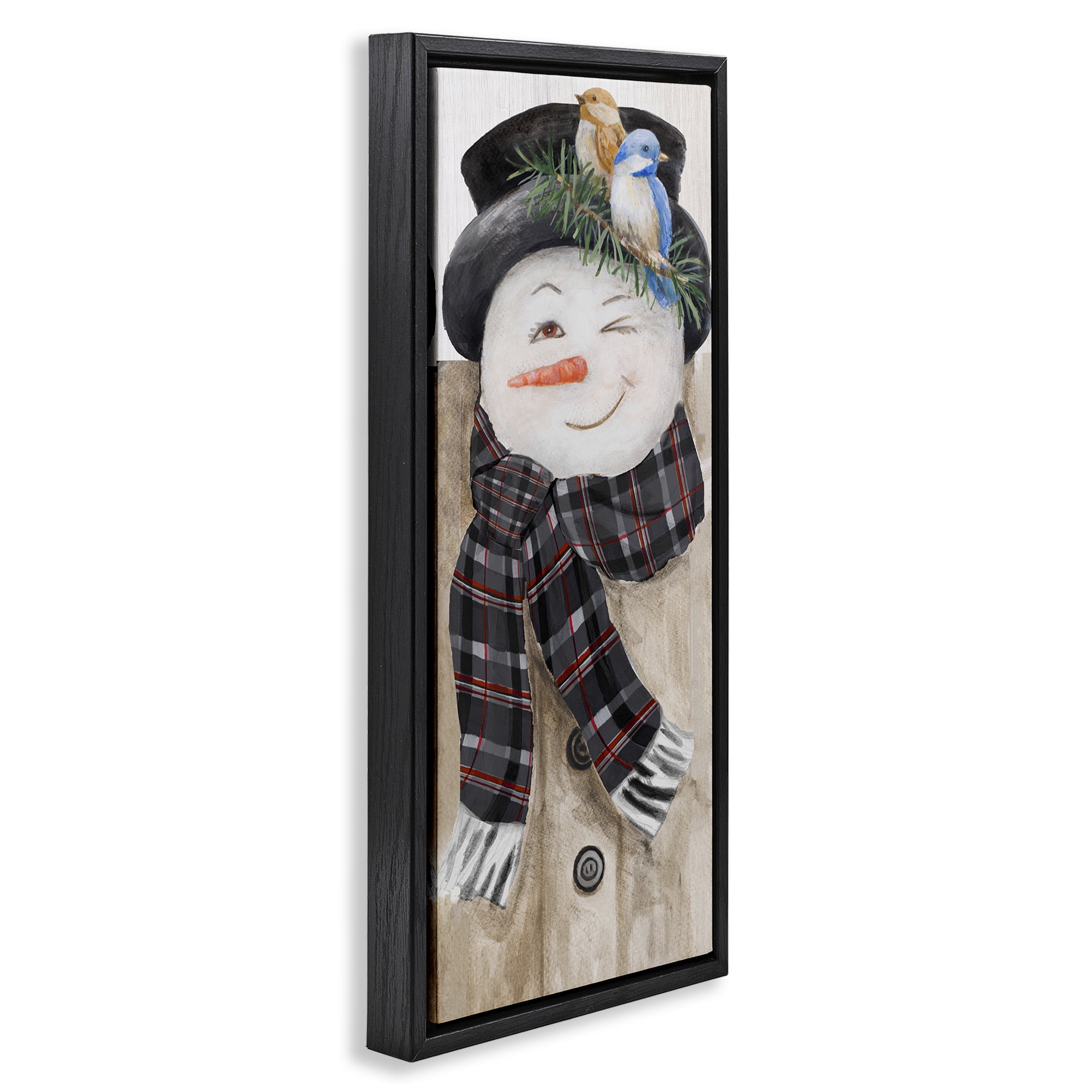 Stupell Industries Rustic Winter Snowman Wink Fairy Tales & Fantasy Painting Black Floater Framed Canvas Art Print Wall Art, 15 x 31