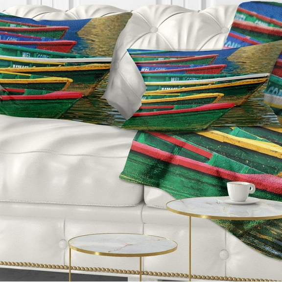 Designart Color Boats on Phewa Lake Nepal - Boat Throw Pillow - 12x20