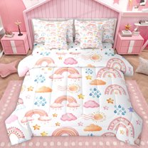 Homewish Watercolor Rainbow Clouds 7-Piece Twin Bedding Sets,Colorful Stars Graffiti Bedding Comforter Set,Pink White Sheet Sets For Girl Kids,Breathable Home Decor Reversible