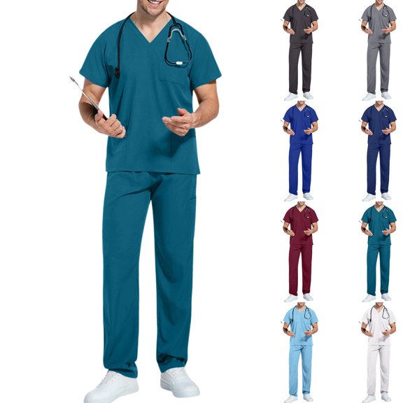 Mens Medical Scrub Sets V Neck Short Sleeve Scrub Top Elastic Drawstring Waist Straight Leg Pants Multi Pockets Professional Uniforms Nurses Daily Work,XXL,Blue