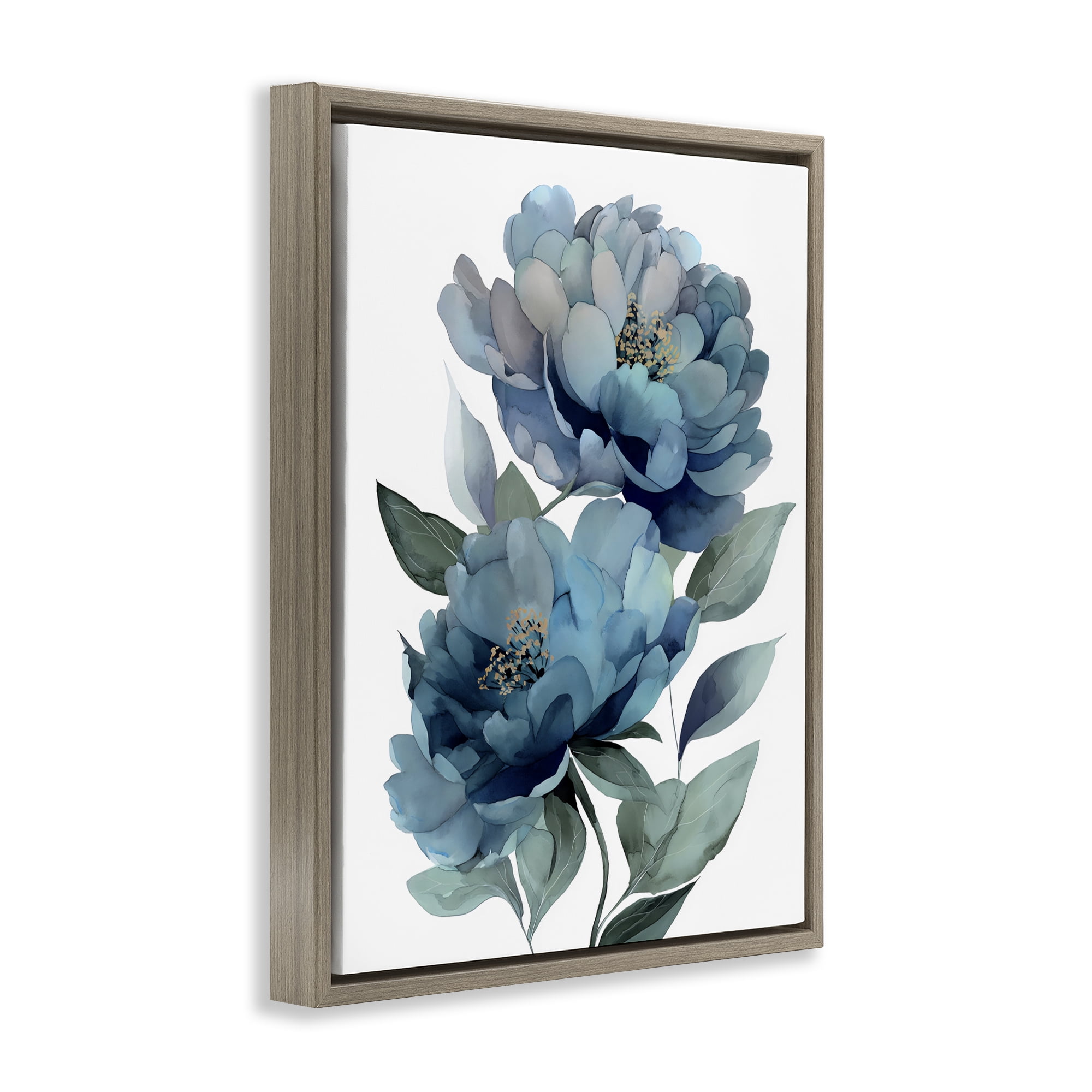 Stupell Industries Two Blue Flowers Serene Peonies Brown Framed Floater Canvas Wall Art, design by Franklyn Gregory