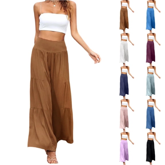 Satingcolo Linen Palazzo Pants for Women High Waist Tummy Control Wide Leg Pant Summer Flowy Loose Pull On Lounge Trousers