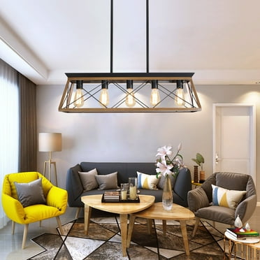 Farmhouse Chandeliers for Dining Room, Rustic Kitchen Island Light Fixture, 5-Light Linear Pendant Lighting Rectangular Chandelier, Metal Solid Ceiling Lights