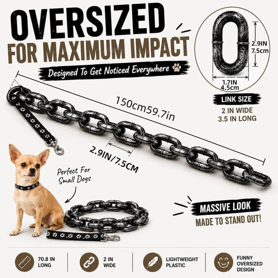 Big Link Dog Leash, 4.9Ft Imitation Plastic Large Iron Chain Thick Dog Leash, Dog Supply Walking, Paw Print Collar Included