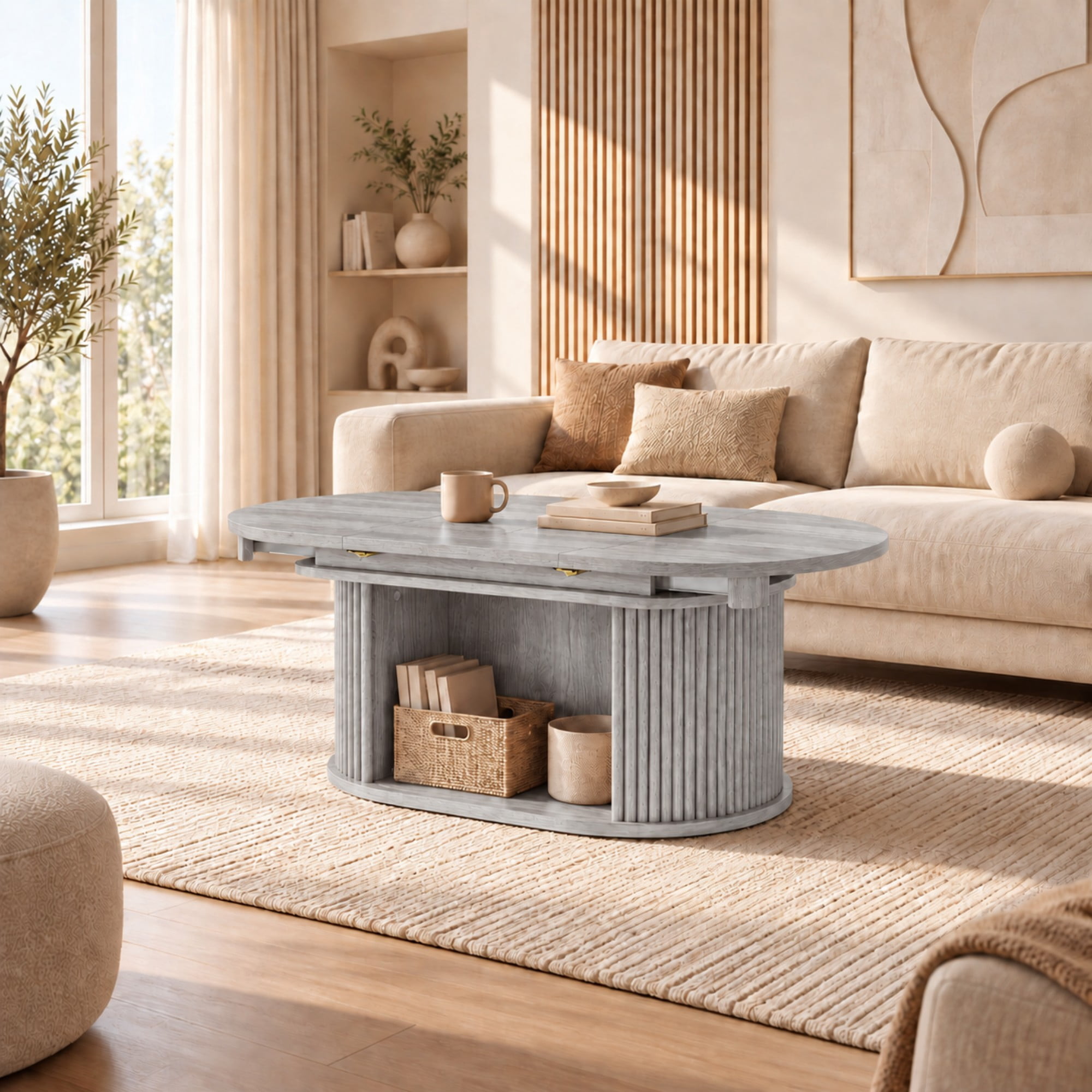Lacoo Extendable Oval Coffee Table with Storage, Fluted Base with Cubby for Living Room, Den, Gray