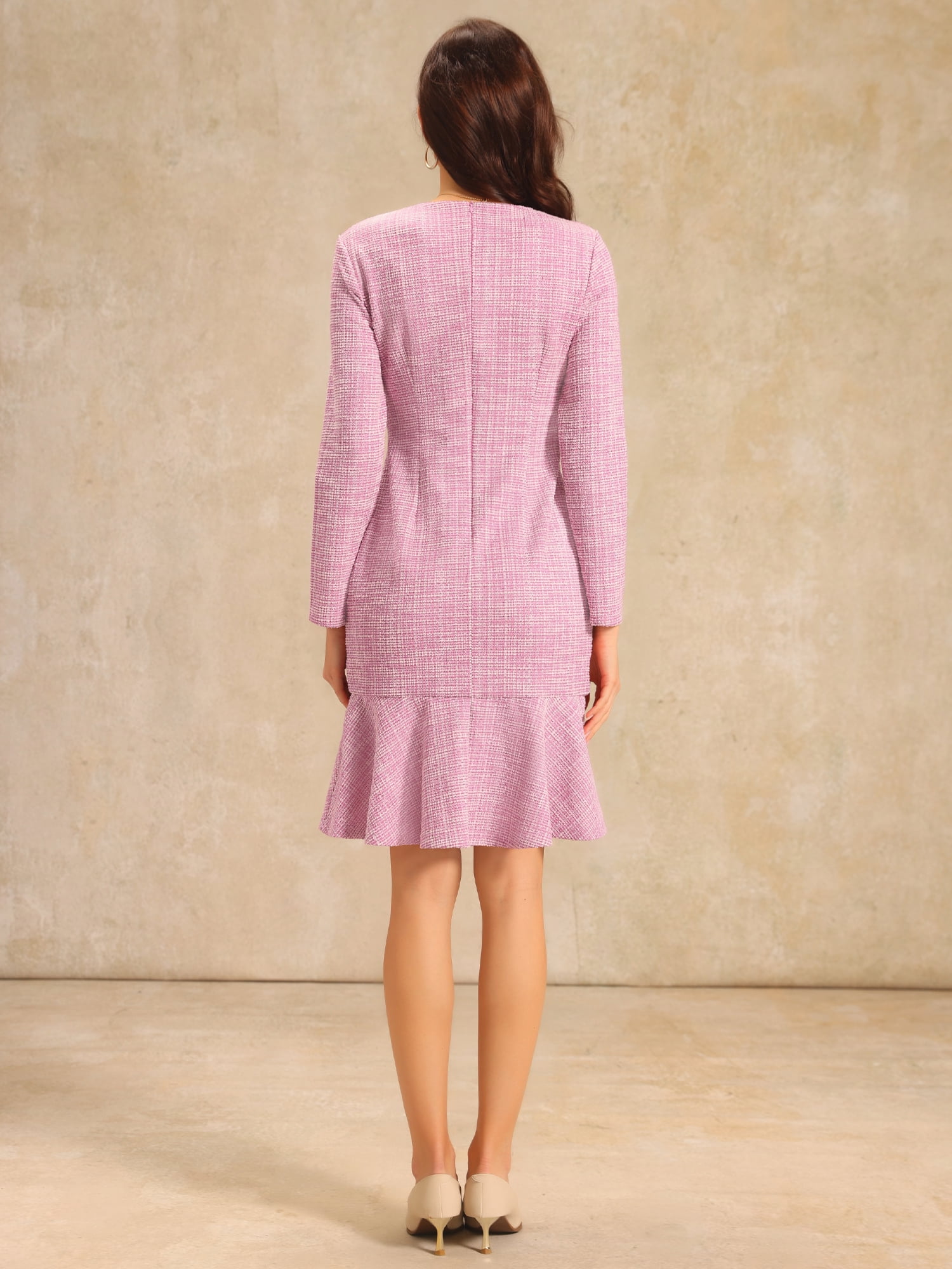 DARING DIVA Women's Tweed Long Sleeve Wedding Cocktail Bodycon Dress M Pink