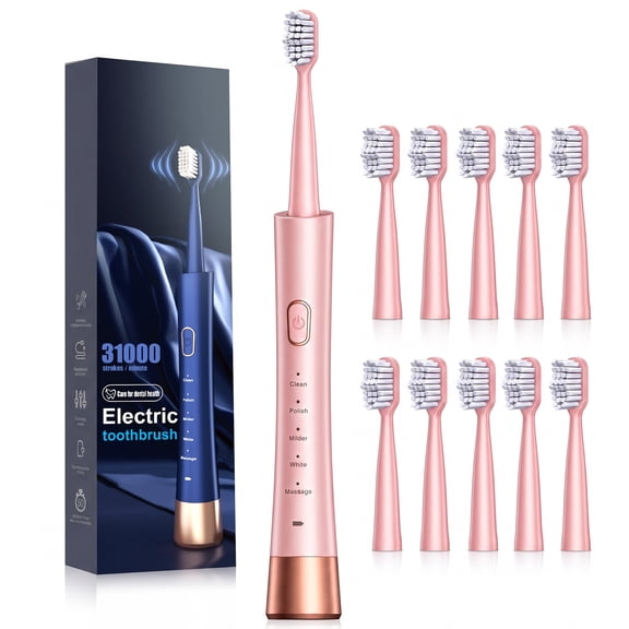 Smyeviva Sonic Electric Toothbrush for Adults High Power Rechargeable 10 Brush Heads 5 Modes Smart Timer Soft Bristle Toothbrushs(Pink)