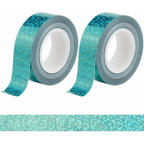 2 Rolls Glitter Sparkle Tape Craft Masking 15mm x 5m Turquoise Foil Self Adhesive Paper Holographic Scrapbook Trim Art Tapes for DIY Scrapbooking Journal Planner Wrapping Gift Decoration