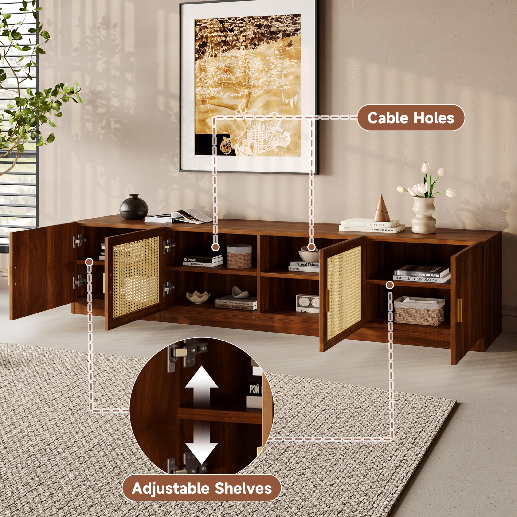 Noble House TV Stand for TVs up to 85", Media Console with Rattan Doors and Adjustable Shelves, Walnut