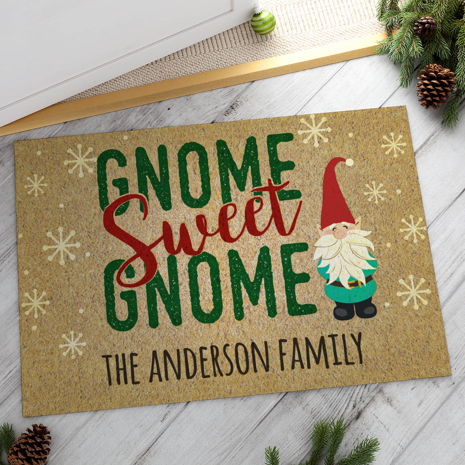 Personalized Planet 27x18 Gnome Sweet Gnome Doormat with Custom Family Name Printed on Brown Rectangular 1/8” Thick Non Slip Mat for Kitchen Hallway Deck or Porch