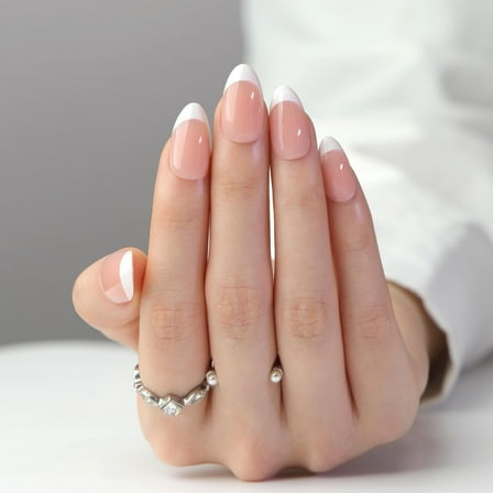 24 Pcs White French Tip Short Almond False Nails Simple Acrylic Nails Glossy Full Covers On Nails