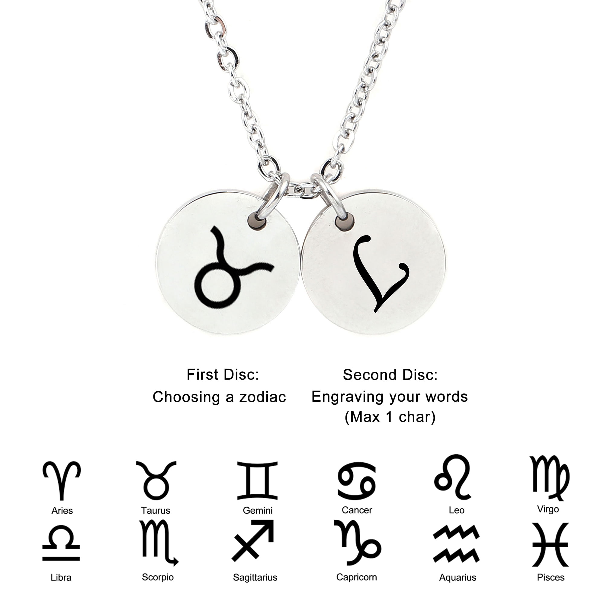 Anavia Adult Stainless Steel Personalized Round Constellation Initial Necklace - Engraved Zodiac Symbol Jewelry Chain, 18 inch