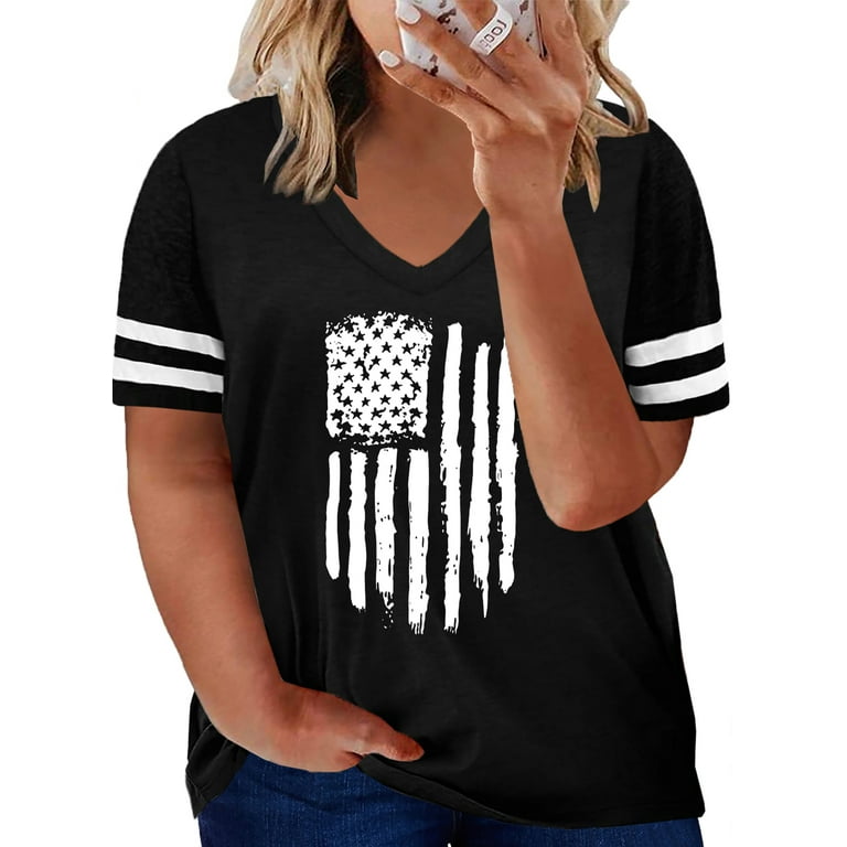 Aleumdr Women's American Flag Black Short Sleeve Tops for Plus Size Ladies V Neck Summer T-Shirt 2XL