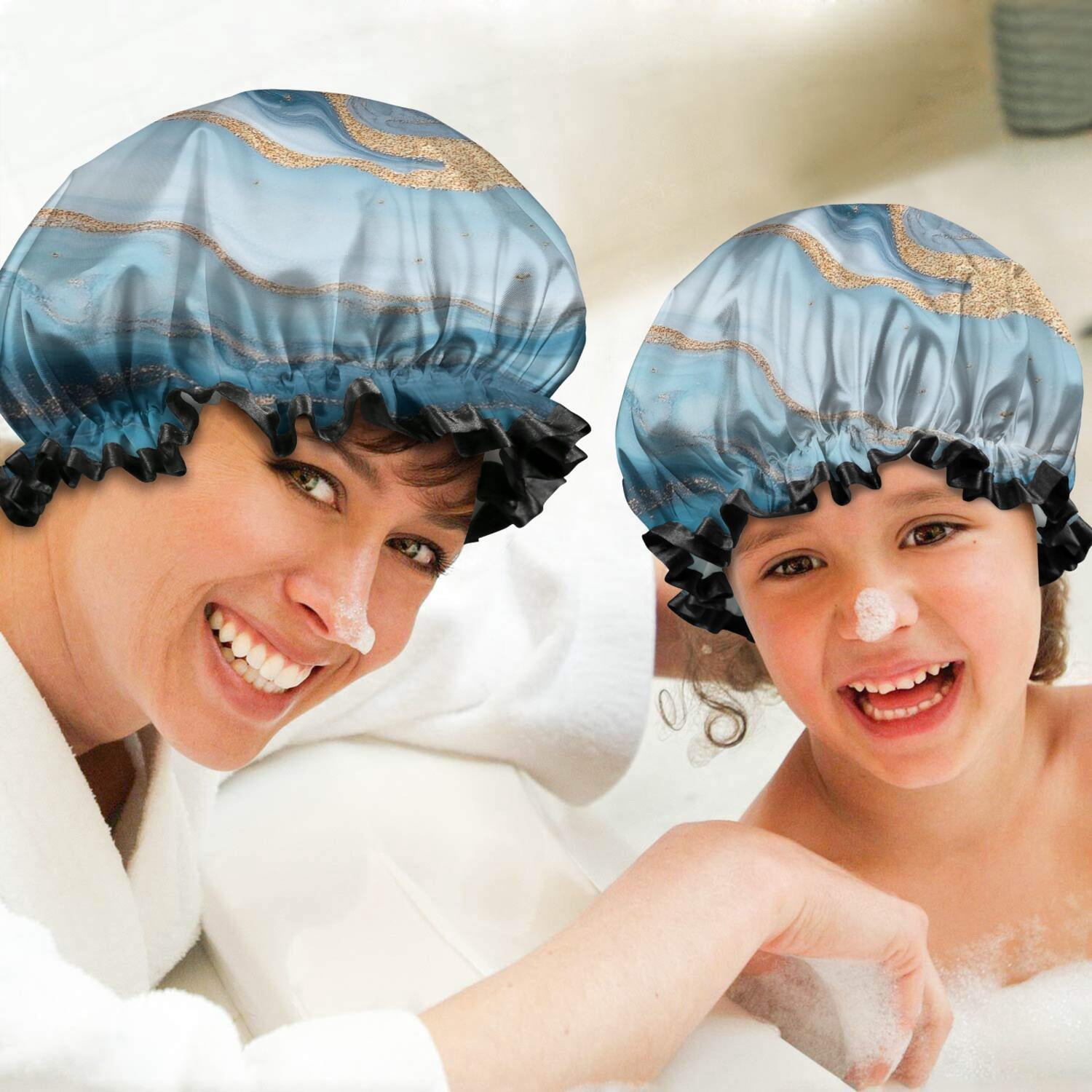 Shower Caps,Blue Marble Gold Wave Pattern Waterproof Shower Cap for Women 4 Pieces,Double Reusable Hair Cover for Shower PEVA Elastic Stretch Hem