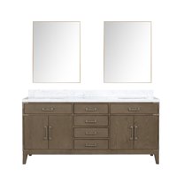 Laurel 72 in W Grey Oak Double Bath Vanity, Carrara Marble Top, and 34 in Mirrors