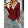 thumbnail image 2 of Arvbitana Women Knit Tops Long Sleeve T-shirt V Neck Contrast Color Sweater Loose Fall Pullover Casual Tops for Casual Daily, 2 of 8